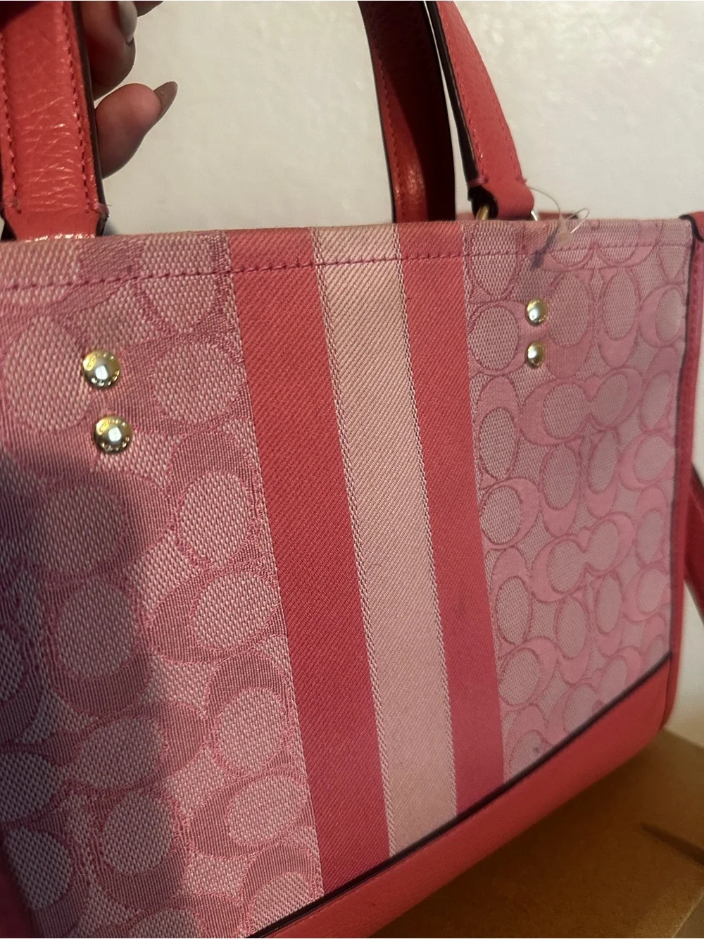 Coach Pink Signature Stripe Tote with Leather Trim